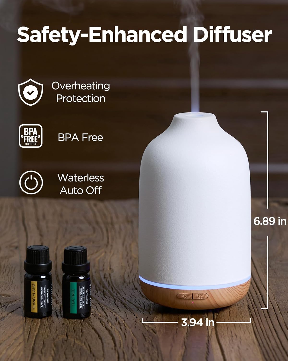 InnoGear Aromatherapy Diffuser, 150ml Ceramic Diffuser Mother's Gift Ultrasonic Humidifier Cool Mist Essential Oil Diffusers for Home Air Diffuser with 2 Mist Modes Waterless Auto Off, White