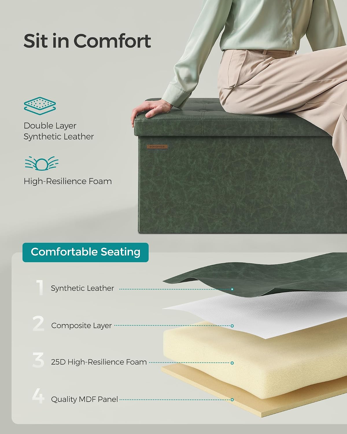 SONGMICS MAZIE Collection - 43 Inches Folding Storage Ottoman Bench, Ottoman with Storage, Foot Rest Stool, Load 660 lb, for Living Room, Synthetic Leather, Black ULSF701