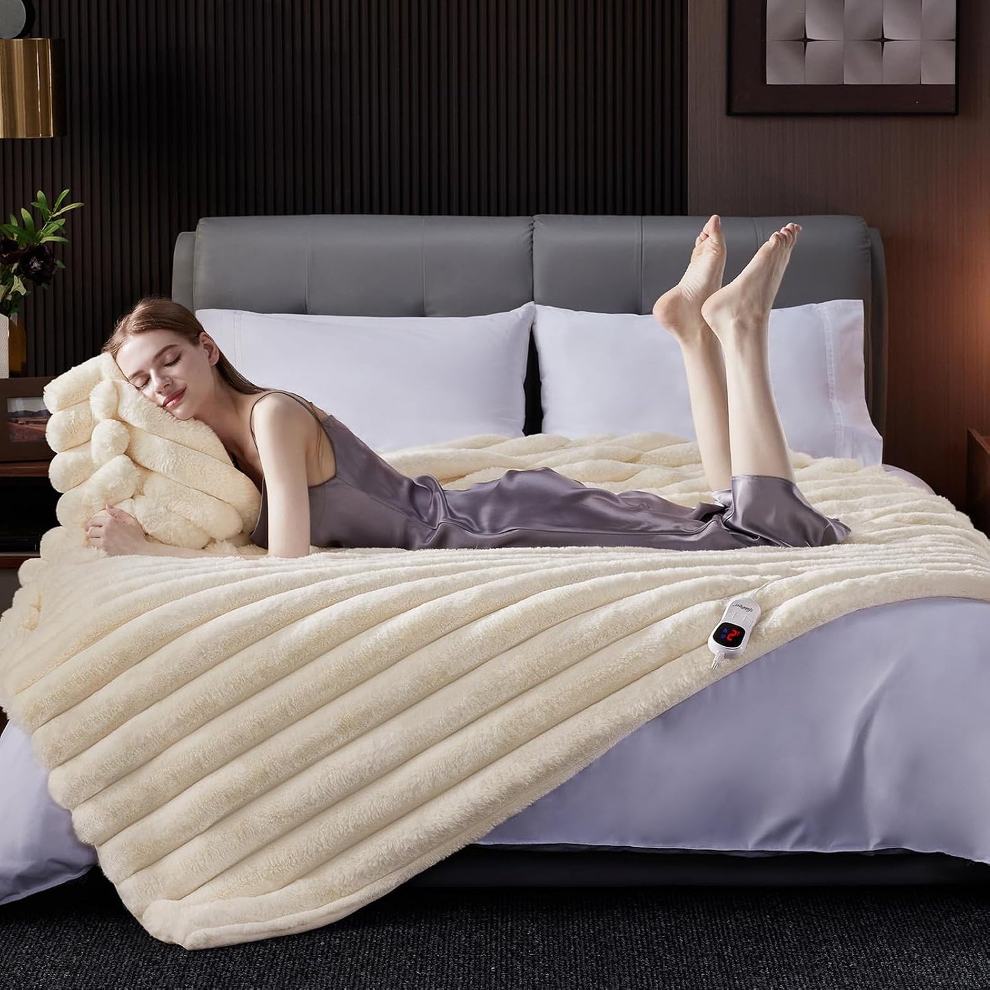 Heated Throw Blanket, Faux Fur Cozy Heating Blanket with Overheat Protection, 1/2/4/6/8 Hours Auto-Off 10 Heat Level, Machine Washable (50x60 Inches, Cream White)