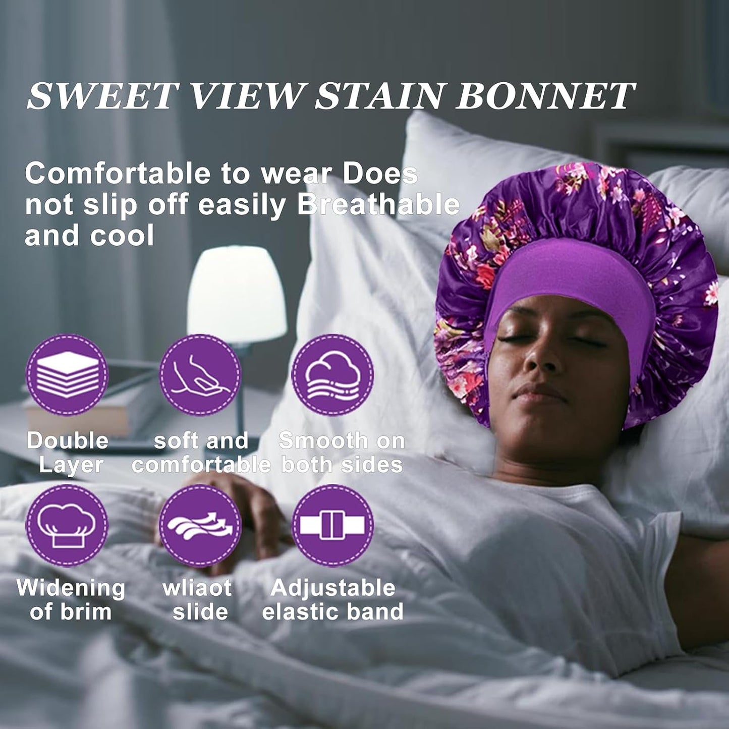 4PCS Silk Satin Bonnets for Black Women & Men - Elastic Wide Band Hair Wrap Cap for Curly Hair - Shower Cap for Sleeping (Black, Peacock Blue, Pink, Khaki)