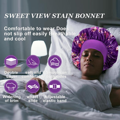 4PCS Silk Satin Bonnets for Black Women & Men - Elastic Wide Band Hair Wrap Cap for Curly Hair - Shower Cap for Sleeping (Black, Peacock Blue, Pink, Khaki)