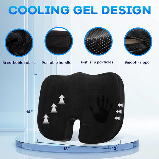 Gel Seat Cushion & Lumbar Support Pillow Set, Cooling Memory Foam for Tailbone & Sciatica Pain Relief, Ergonomic Office Chair Cushion with Breathable Mesh Cover for Car, Home, Wheelchair (Black)
