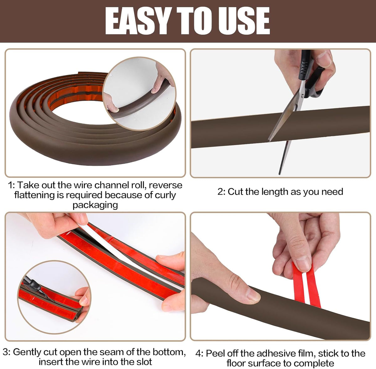 Floor Cord Cover Self Adhesive Cord Hider,10FT Cable Management, Extension Strip Protector for Wires, Prevent Cable Trips for Offices, Gyms, Exhibitions Cavity 0.39"(W) x 0.27"(H) BrownWood