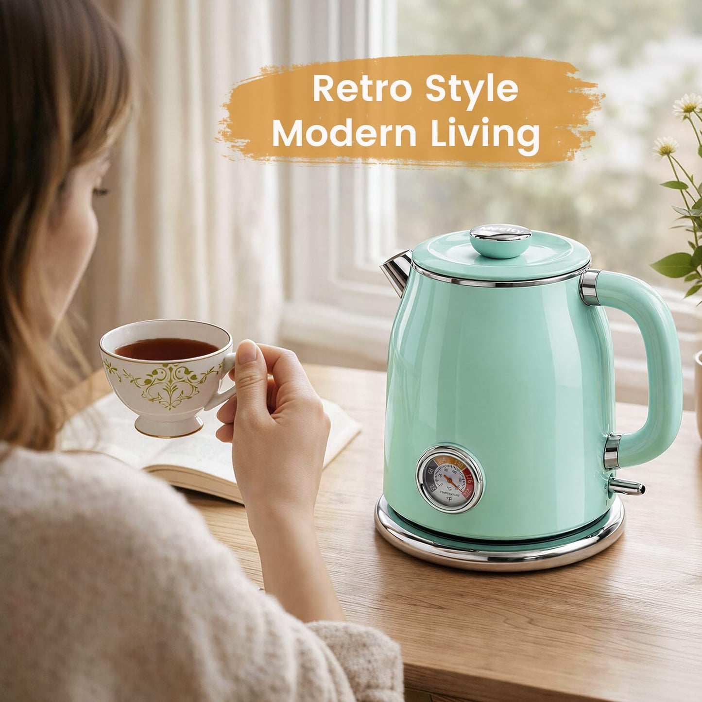 Mecity Retro Electric Kettle 1.7L, Stainless Steel Interior, Food-Grade Silicone Water Contact, Double Wall Cool Touch, 1500W Fast Boil, Thermometer (°F/°C), Wide Opening, Cream