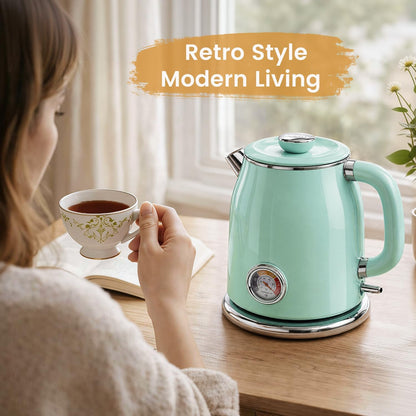 Mecity Retro Electric Kettle 1.7L, Stainless Steel Interior, Food-Grade Silicone Water Contact, Double Wall Cool Touch, 1500W Fast Boil, Thermometer (°F/°C), Wide Opening, Cream