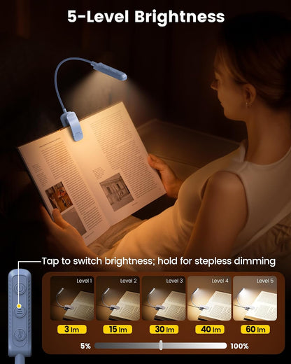 Glocusent 13 LED Reading Lights for Books in Bed, Eye-Caring Rechargeable Book Light 3 Amber Colors & Stepless Dimming, 120 Hrs Runtime, Travel Clip on Reading Lamp, Gifts for Book Lover Men Women Kid
