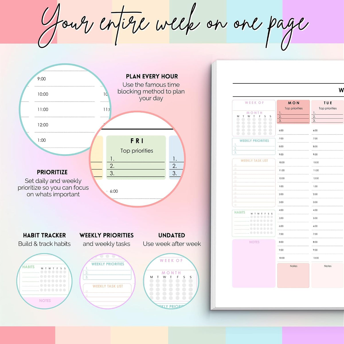Weekly Hourly Planner Notepad, Daily Planner Desk Pad, Weekly Schedule, To Do List Note Pad, ADHD Planner | 50 Undated Tear Away Sheets | A4 (Rainbow)