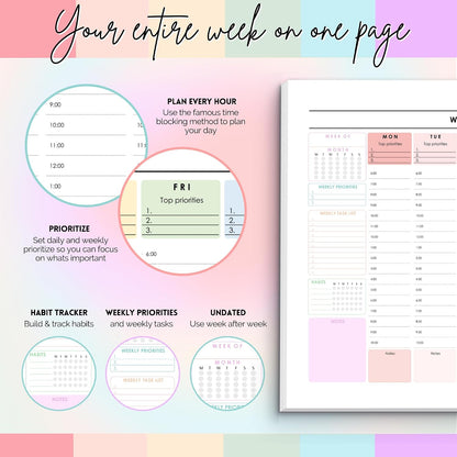 Weekly Hourly Planner Notepad, Daily Planner Desk Pad, Weekly Schedule, To Do List Note Pad, ADHD Planner | 50 Undated Tear Away Sheets | A4 (Rainbow)