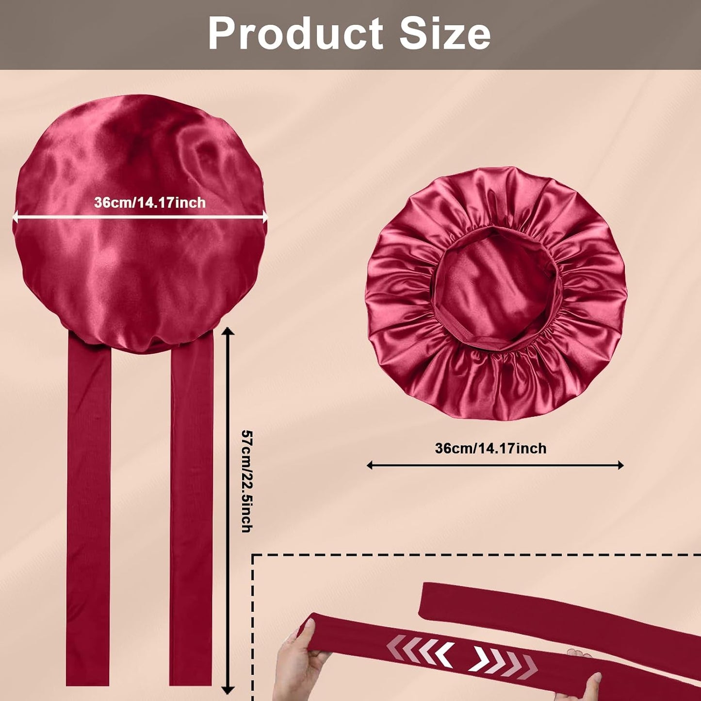 2Pcs Silk Hair Satin Bonnet for Sleeping Women,Large Satin Sleep Bonnets for Women with Elastic Tie Band Silk Hair Wrap with Ajustable Straps,Night Sleep Cap for Curly Braids,Black+Rose Gold
