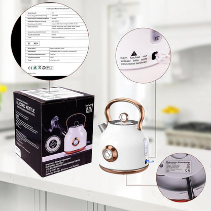 Retro Electric Kettle, 1.7L Stainless Steel Tea Kettle with Large Temperature Gauge, 1500W Fast Heating Hot Water Boiler with LED Indicator, Auto Shut-off & Boil-Dry Protection-Reteo Black