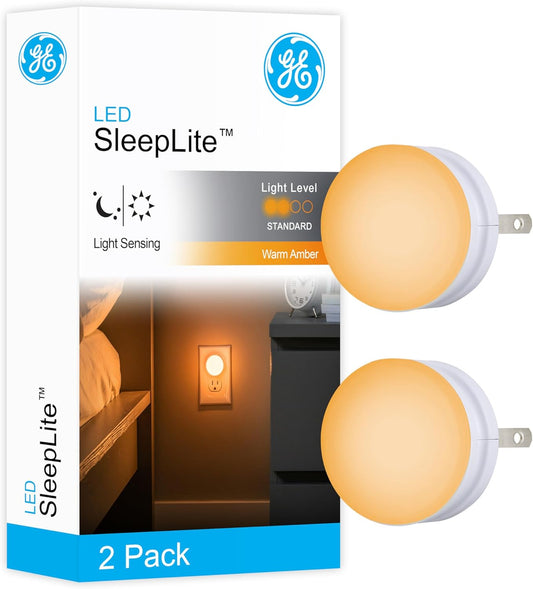 GE SleepLite LED Night Light, 2 Pack, Dusk-to-Dawn Sensor, Sleep Light, Dim Light, Warm Amber, Compact, Ideal for Bedroom, Nursery, Bathroom, Hallway, 45247, 2 Count