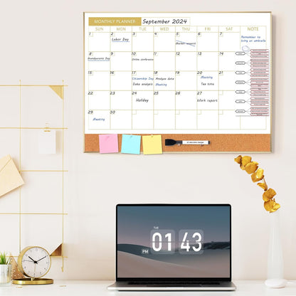 ARCOBIS Dry Erase Calendar with Cork Board for Wall, 24"x 18" Magnetic Calendar Whiteboard with Black Frame, Monthly Combination Board for School, Home, Office