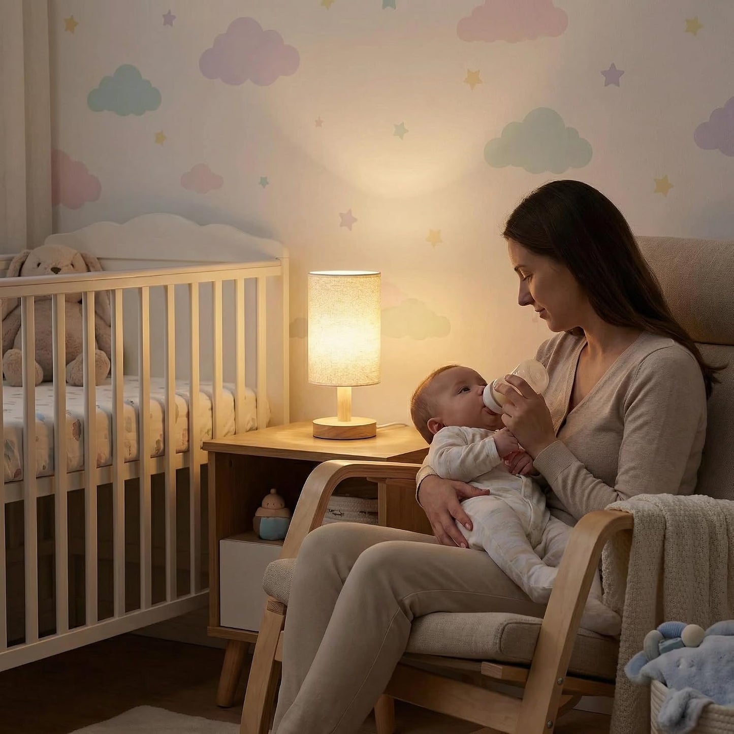 Touch Bedside Table Lamp - Stepless Dimming USB Powered, Minimalist Wood Base Linen Shade, 2700K Warm Light for Bedroom Nightstand Nursery Dorm Small Spaces, 5W LED 50K Hrs (No Bulb Replacement)