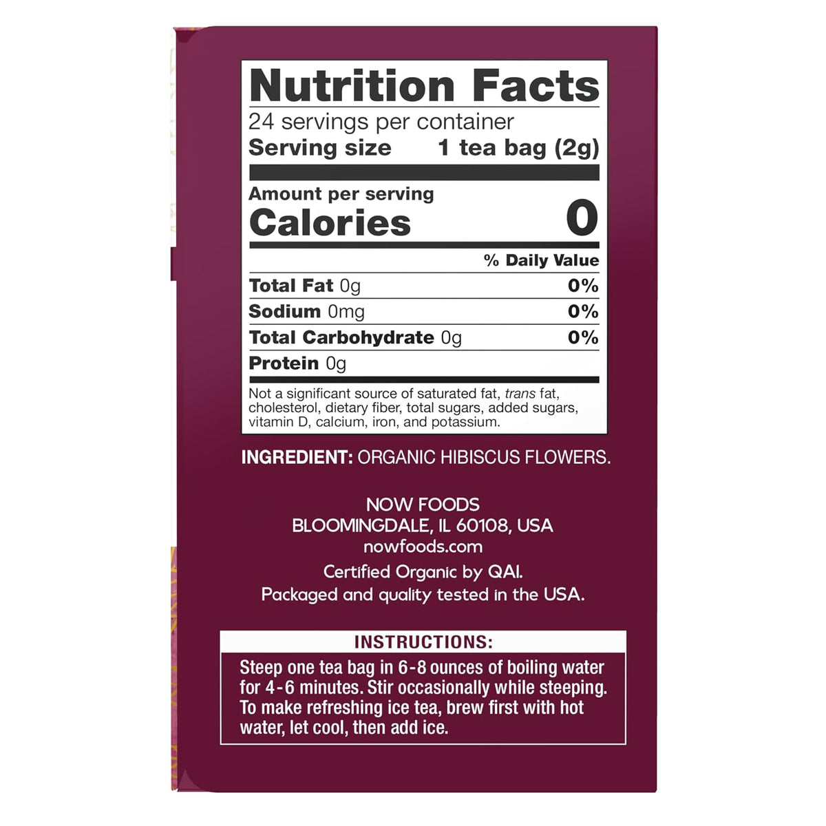 NOW Foods, Organic Hibiscus Tea, Caffeine-Free, 24-Count