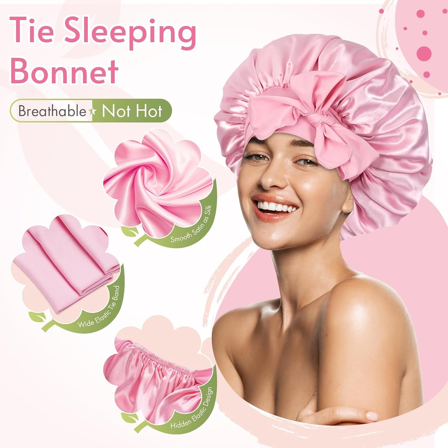 BONNET QUEEN Silk Bonnet for Sleeping for Women Satin Bonnet Night Cap for Curly Hair with Tie Band, Single Layer, Cream Pink