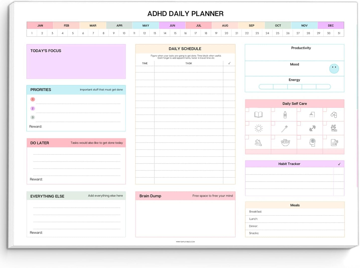 ADHD Daily Planner Notepad for Neurodivergent Adults - Productivity Daily Planner Desk Pad & Task Management to Stay Organized and Focused Note Pad (Rainbow, A4 Portrait)