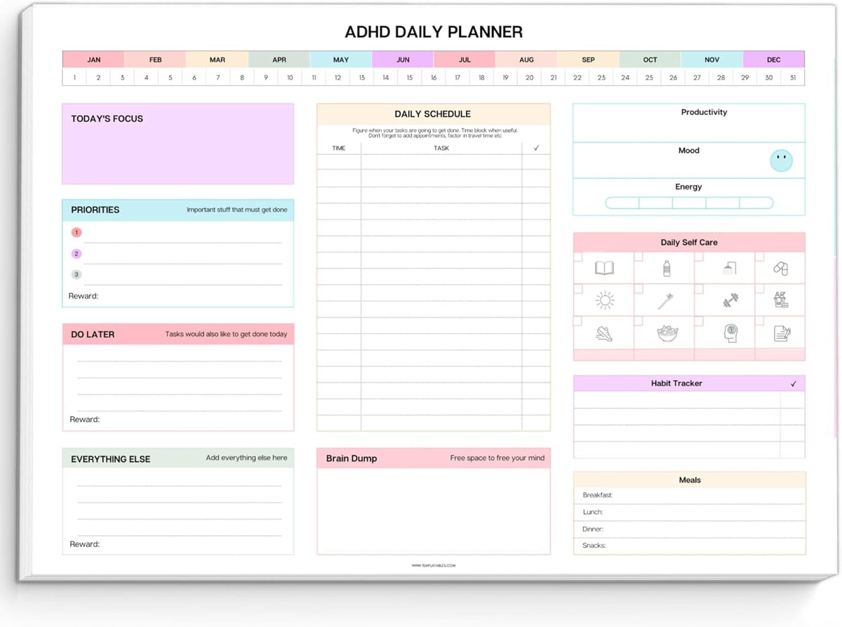 ADHD Daily Planner Notepad for Neurodivergent Adults - Productivity Daily Planner Desk Pad & Task Management to Stay Organized and Focused Note Pad (Rainbow, A4 Portrait)