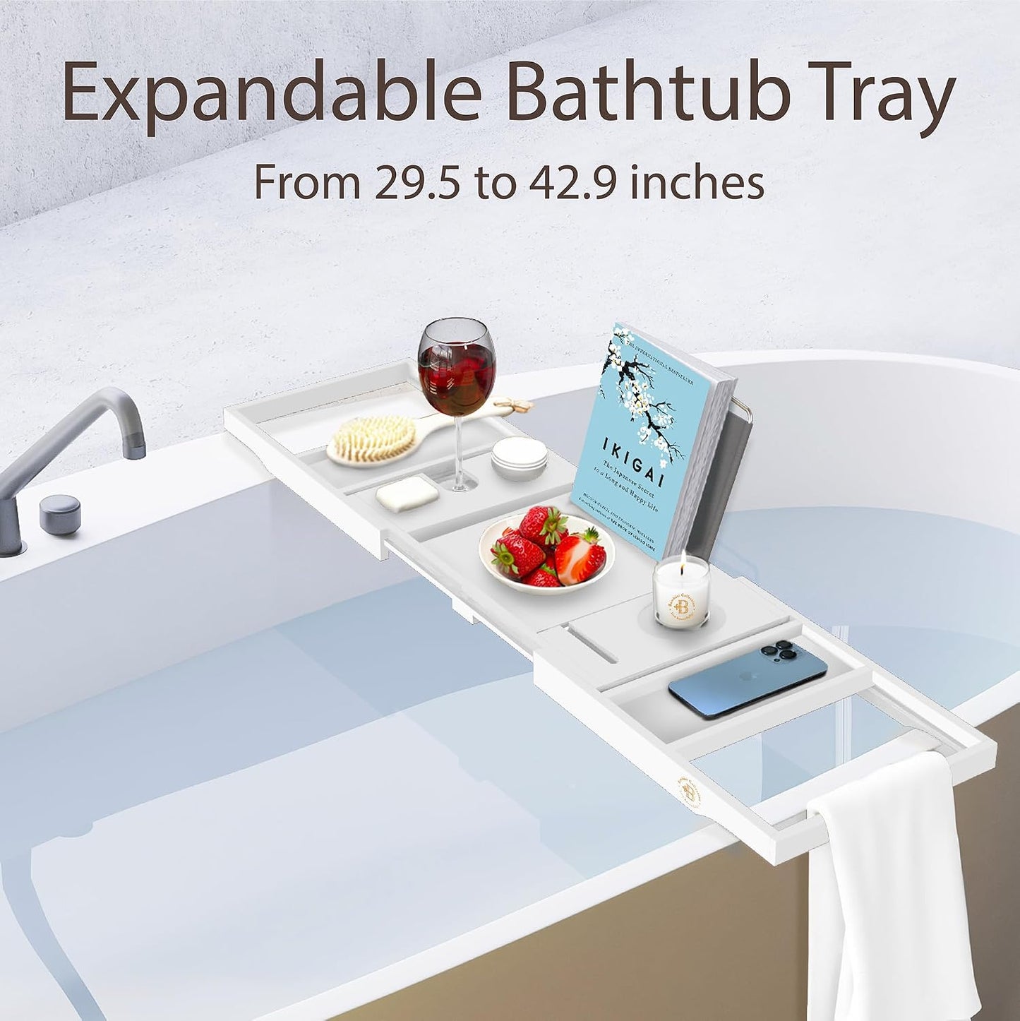 Bambüsi Bathtub Tray for Tub - Brown Bamboo Bath Tray, Expandable Wooden Bath Caddy Tray with Wine Holder, Book and Tablet Stand, Bathroom Accessories, Tub Table, Spa Bath Gifts for Women and Couples
