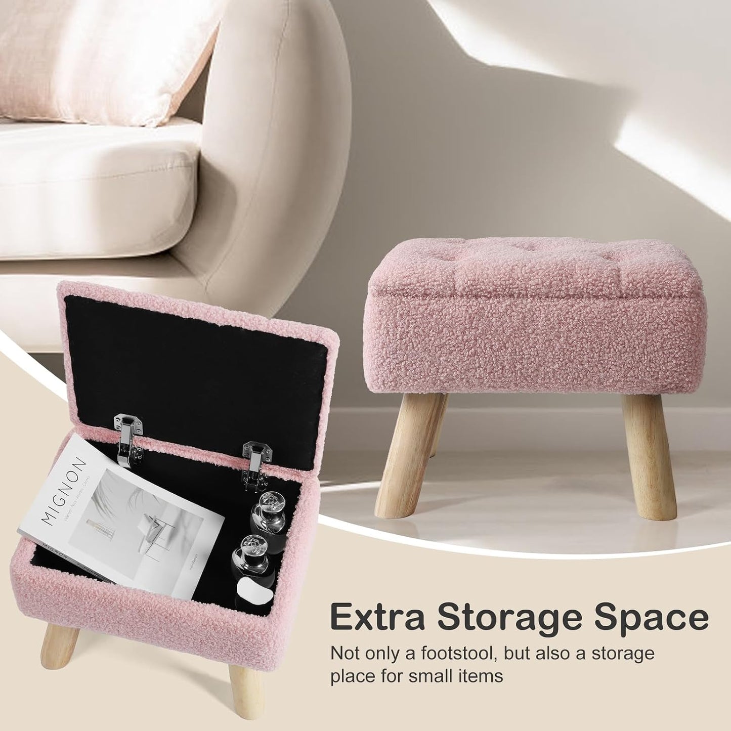 OGEMXU Storage Ottoman, Small Foot Stool Ottoman with Storage, Boucle Teddy Velvet Foot Rest with Padded Seat, Sturdy Wood Legs Stool for Living Room, Bedroom, Couch, Enterway (Cream)