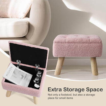 OGEMXU Storage Ottoman, Small Foot Stool Ottoman with Storage, Boucle Teddy Velvet Foot Rest with Padded Seat, Sturdy Wood Legs Stool for Living Room, Bedroom, Couch, Enterway (Cream)