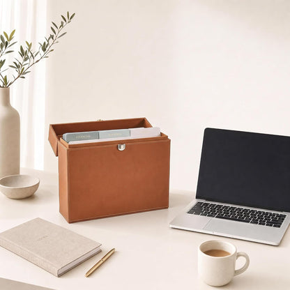 Aesthetic Document Organizer Box with 8 Folders - PU Leather File Organizer