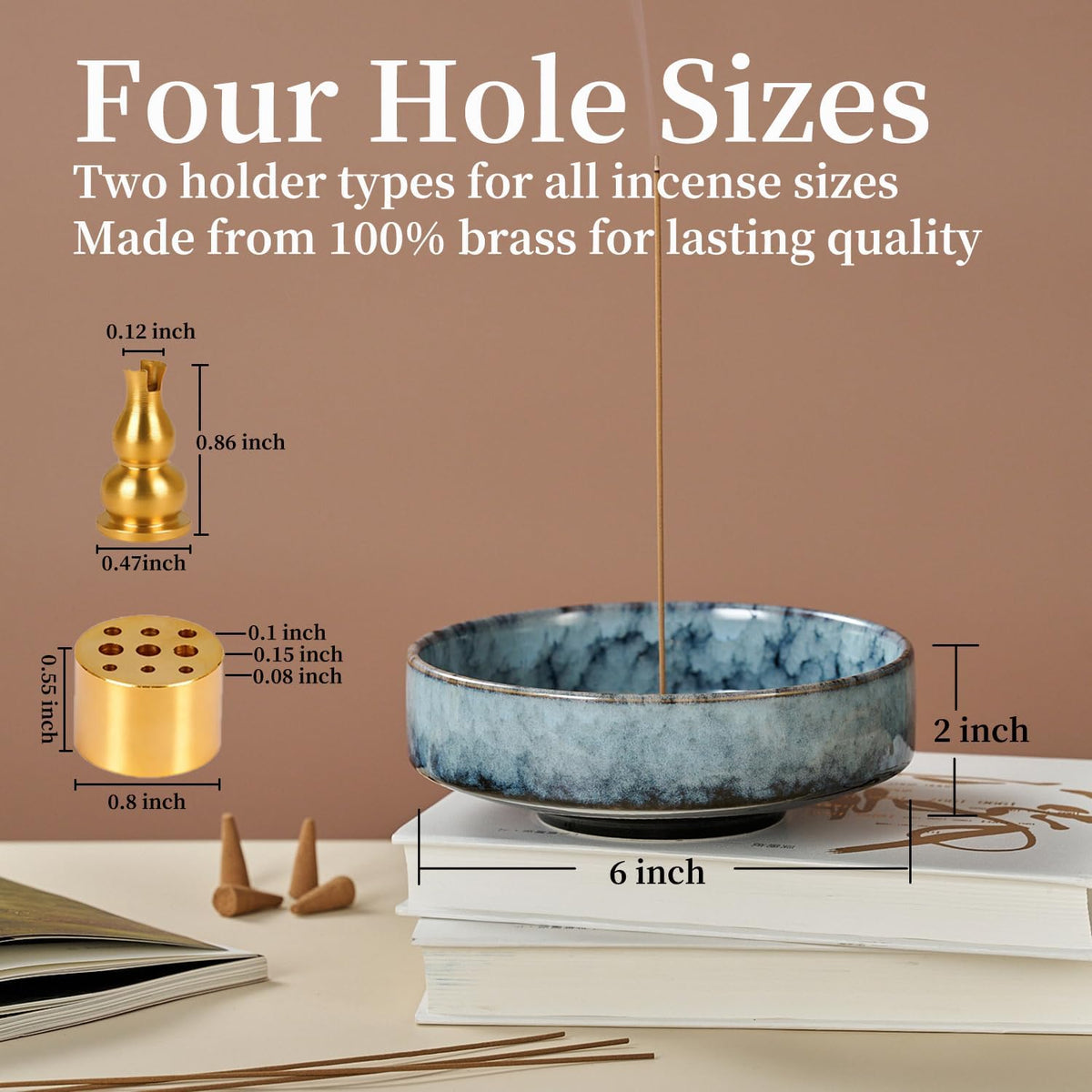 6" Ceramic Incense Holder for Sticks with 10 Holes,5in1 Handmade Flambé Glaze Incense Burner Bowl Ash Catcher for Stick,Coil,Cone,Sage,Palo Santo,Candle - Ideal for Yoga Spa Meditation Home Décor