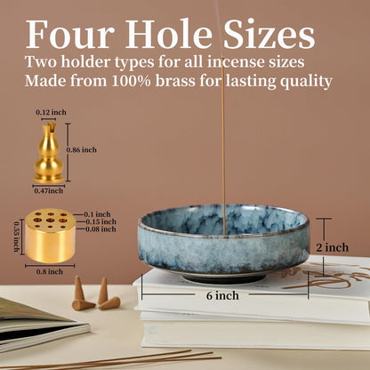 6" Ceramic Incense Holder for Sticks with 10 Holes,5in1 Handmade Flambé Glaze Incense Burner Bowl Ash Catcher for Stick,Coil,Cone,Sage,Palo Santo,Candle - Ideal for Yoga Spa Meditation Home Décor