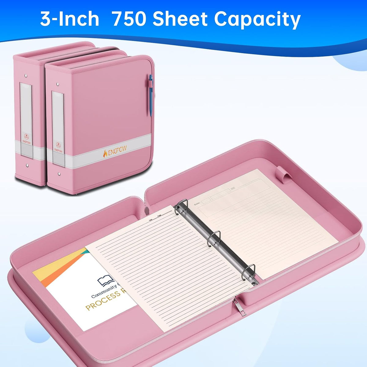 ENGPOW 3 Ring Binder,Fireproof 3 Inch D Ring Binder with Zipper,Holds 750 Sheets,Non-Stick,PVC-Free,Compatible with Clear Sheet Protectors,Portable School Office Home Safe Storage for Paper,Black