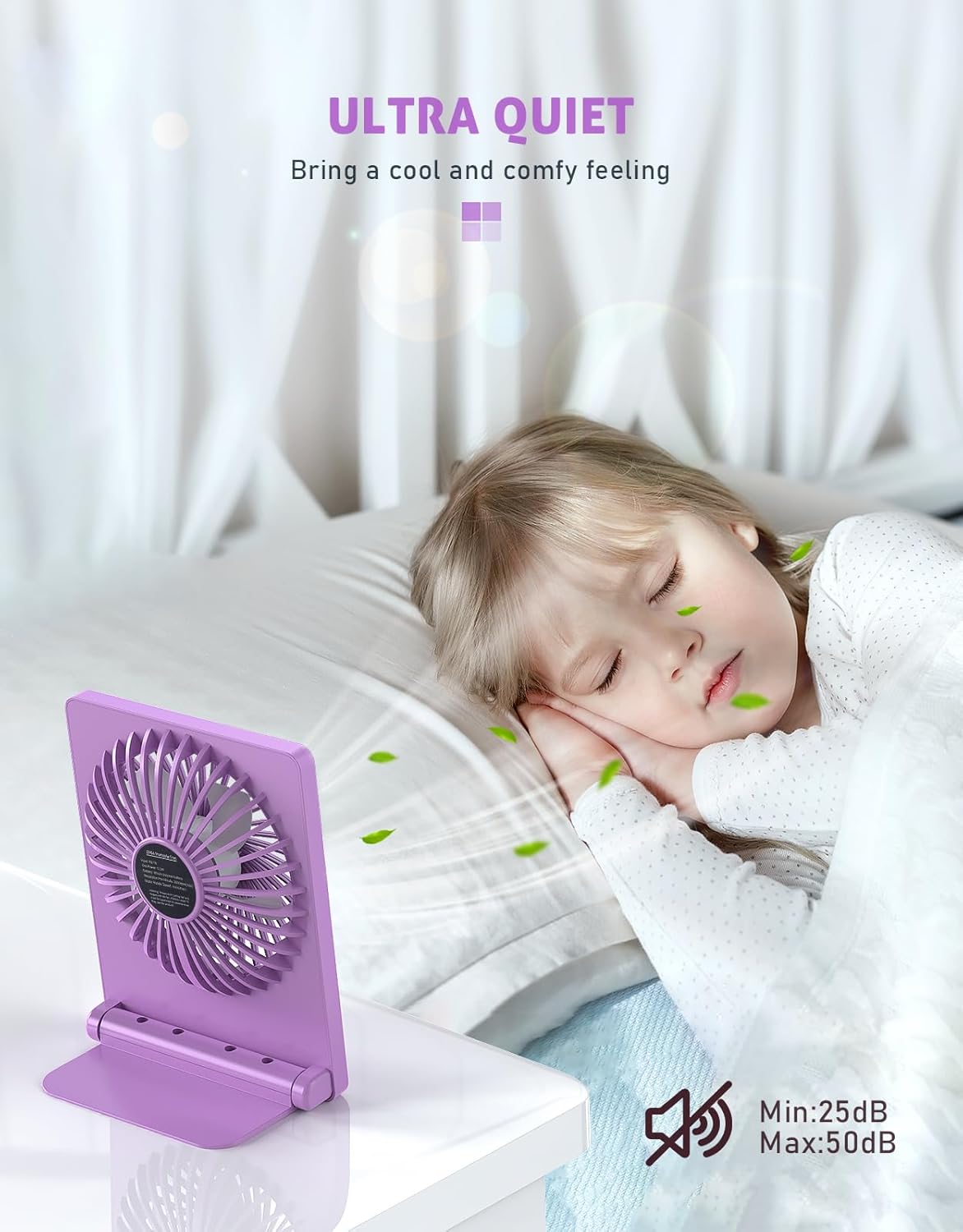 Zuvas Desk Fan Battery Operated Fan Rechargeable 180°Tilt Folding Personal Fan Ultra Quiet Small Portable 3 Speed Adjustable Strong Wind Fan For Office Bedroom Home Desktop Camping (White)