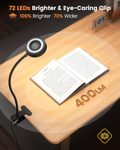 Glocusent Clip on Light, 72 LEDs Clip on Lamp with Amber Night Light, 3 Colors & 5 Brightness Bed Lamp, 30/60-Min Auto Off Timer, Perfect Eye Caring Reading Lamps for Bed/Headboard/Table/Desk