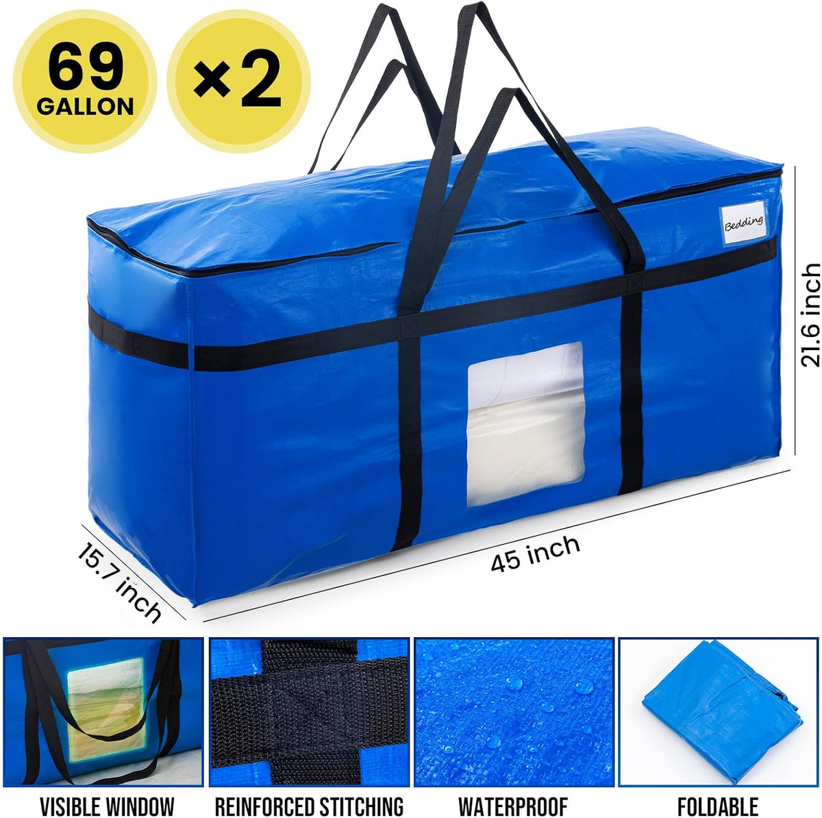 TAILI 69 Gallon Extra Large Storage Bags with Visible Window,Blue