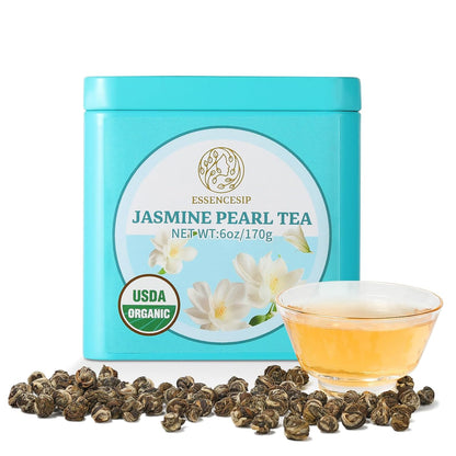 Essencesip Jasmine Pearl Green Tea Loose Leaf, 6oz Tin – 4x Scented Dragon Pearls with Deep Jasmin Aroma, Smooth Taste, USDA Organic, Ethically Sourced