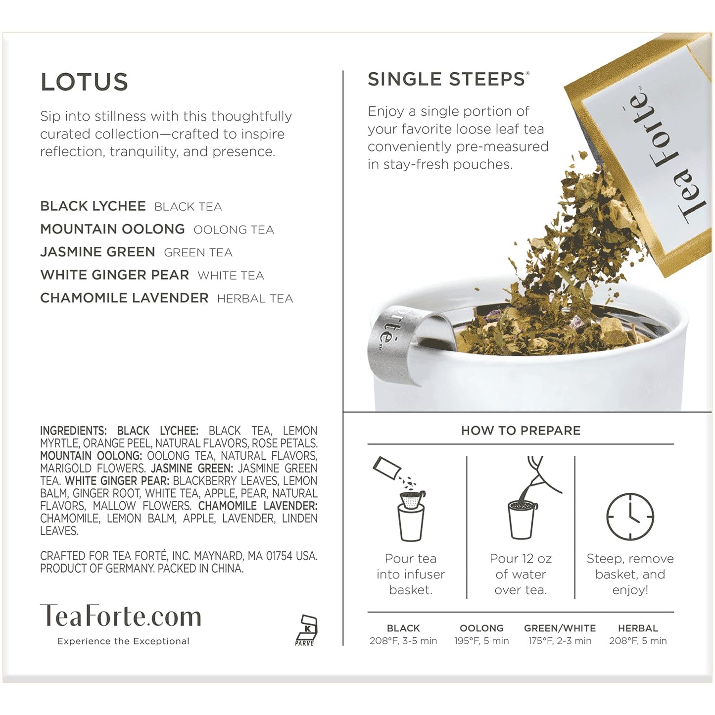 Tea Forte Single Steeps Loose Leaf Tea Sampler, Assorted Variety Tea Box, 15 Single Serve Pouches, Green Tea