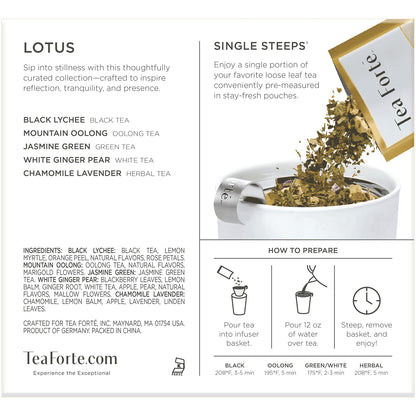 Tea Forte Single Steeps Loose Leaf Tea Sampler, Assorted Variety Tea Box, 15 Single Serve Pouches, Green Tea