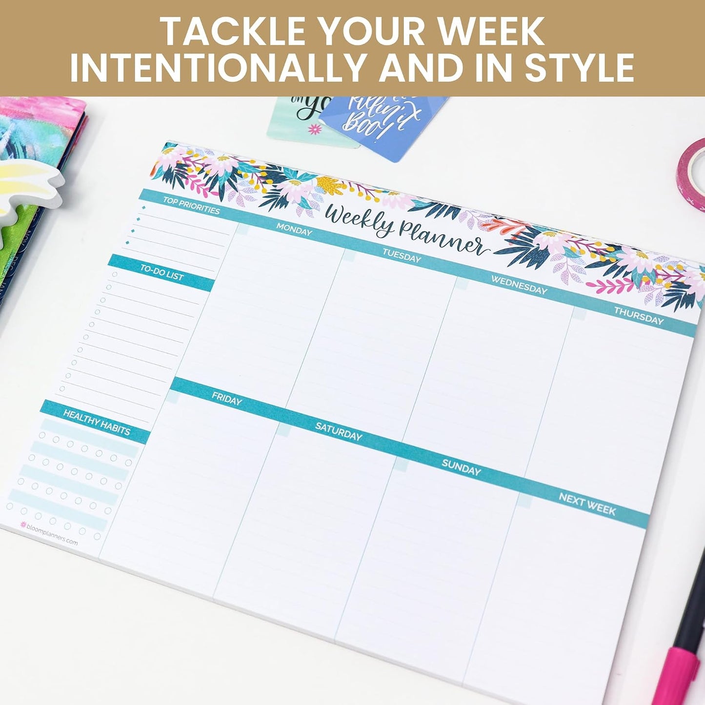 bloom daily planners Horizontal Weekly To Do List Notepad with 60 Undated Sheets - Weekly Desk Planner or Chore Pad with Priorities & Habit Tracker - 8.5” x 11” - Pastel