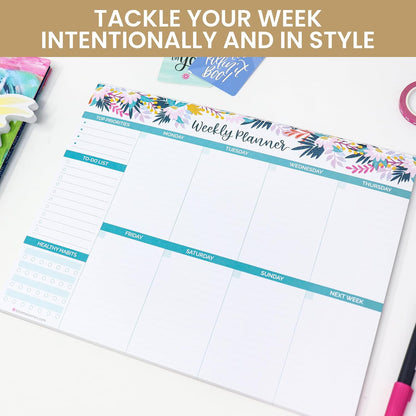 bloom daily planners Horizontal Weekly To Do List Notepad with 60 Undated Sheets - Weekly Desk Planner or Chore Pad with Priorities & Habit Tracker - 8.5” x 11” - Pastel