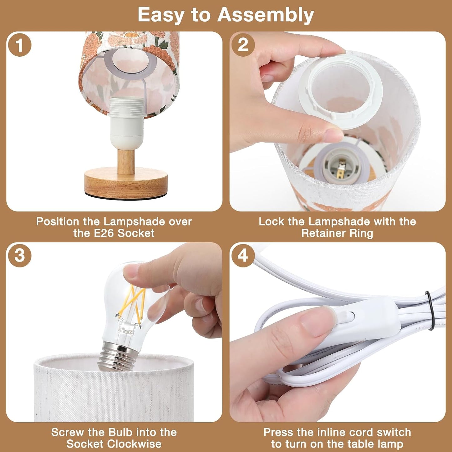 Fenmzee Small Table Lamp for Bedroom - Inline Control, Bedside Lamp with 3000K A15 LED Blub, Easy Assembly (Cream Shade - Wood Base, 9" Inline Control)