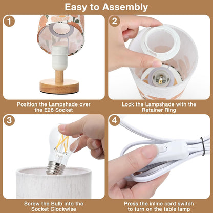 Fenmzee Small Table Lamp for Bedroom - Inline Control, Bedside Lamp with 3000K A15 LED Blub, Easy Assembly (Cream Shade - Wood Base, 9" Inline Control)