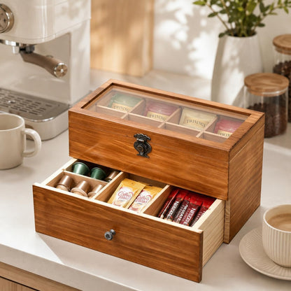 WELLAND Wood Tea Bag Organizer, Storage Box with Clear Acrylic Window, 2-layer 14 Compartments Large Capacity Tea Bag Holders, Gift Idea