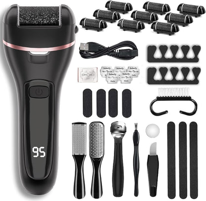 Wea&Hea Electric Foot File Callus Remover for Feet, 17-in-1 Kit | 17-in-1 pedicure kit, 3 roller heads, 2 speeds, rechargeable, IPX6 waterproof wet dry use for hard calluses and cracked heels