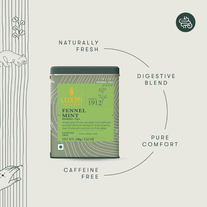 Luxmi Estates Fennel Mint Herbal Tea | Loose Leaf in Resealable Tin Caddy 100g (3.5oz, ~50 Cups) | 5-Herb Ayurvedic Digestive Blend with Fennel, Peppermint, Coriander Seed, Cardamom & Cinnamon, Caffeine-Free