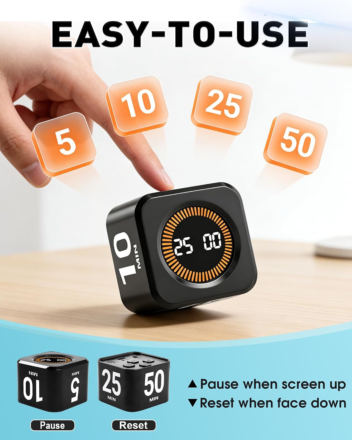 Pomodoro Timer Cube for Productivity — 5/25/10/50 Minutes Preset, Digital Gravity Sensor Desk Visual Timer for ADHD, Silent Mode, Ideal for Office, Study, Kitchen & Kids (White)