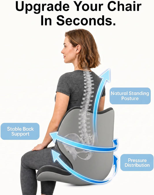 Ergonomic Seat Cushion for Office Chair - Extra Thick Premium Memory Foam with Back & Pelvic Support, Posture Support Cushion for Work from Home, Long Sitting Comfort, Fits Max Hips 40", Waist 38"