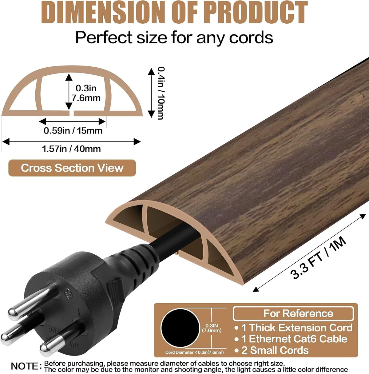 Floor Cord Cover Self Adhesive Cord Hider,10FT Cable Management, Extension Strip Protector for Wires, Prevent Cable Trips for Offices, Gyms, Exhibitions Cavity 0.39"(W) x 0.27"(H) BrownWood