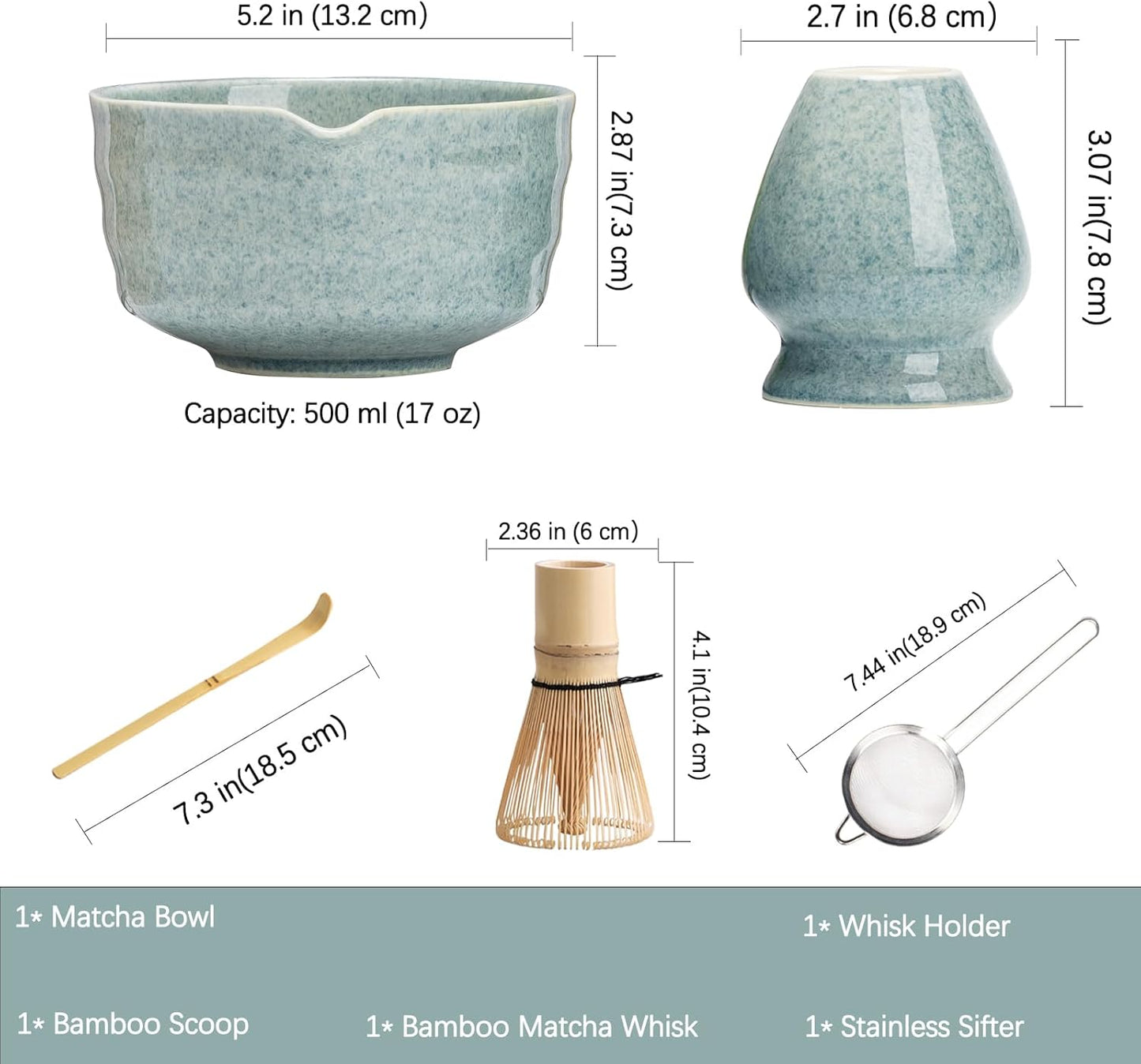 Matcha Set, Japanese Tea Set Includes Matcha Bowl with Spout, Matcha Whisk Holder, Bamboo Matcha Whisk and Bamboo Scoop, 17 oz Mottled Green Glaze Ceramic Matcha Kit for Tea Lovers
