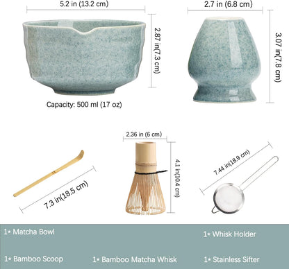 Matcha Set, Japanese Tea Set Includes Matcha Bowl with Spout, Matcha Whisk Holder, Bamboo Matcha Whisk and Bamboo Scoop, 17 oz Mottled Green Glaze Ceramic Matcha Kit for Tea Lovers