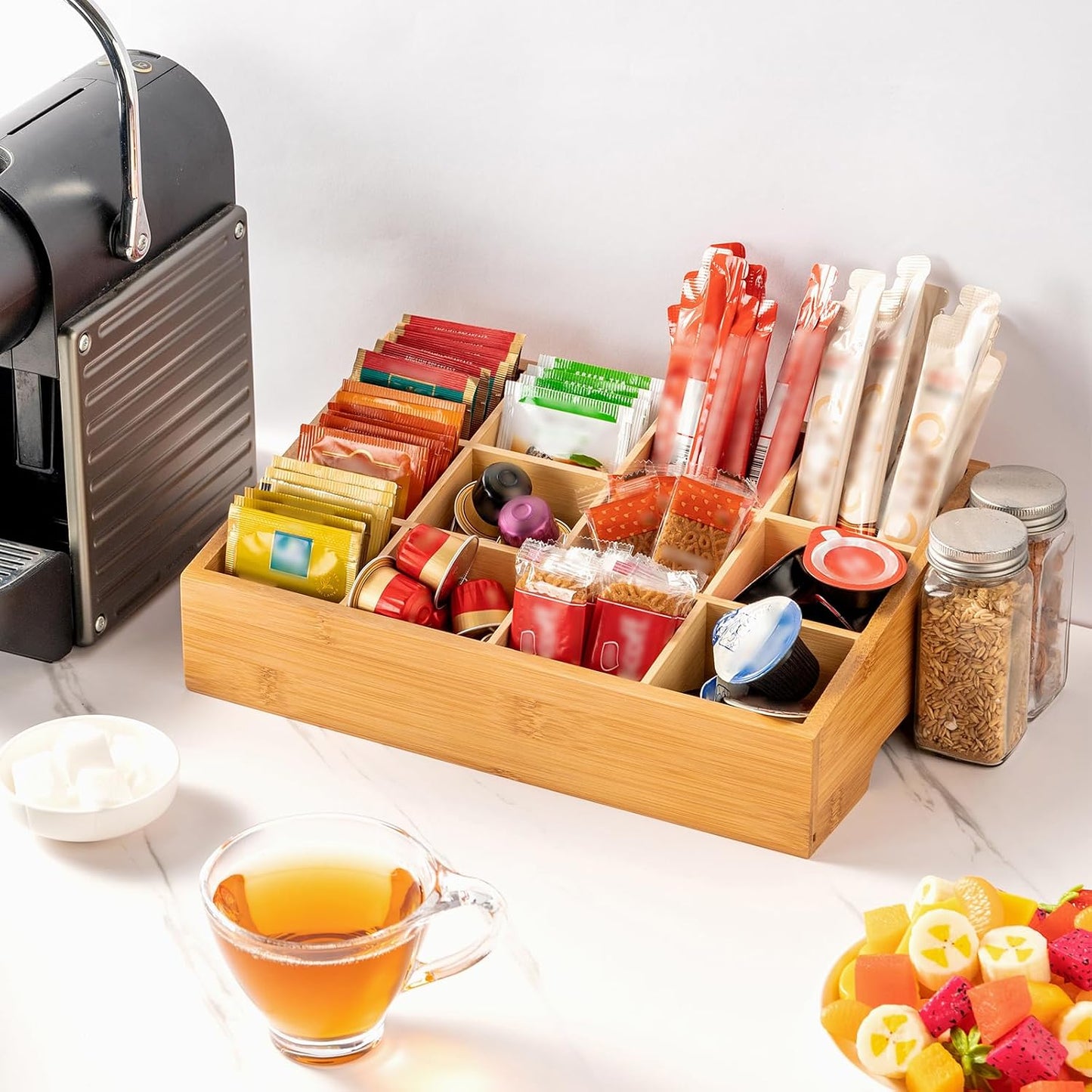 TIMIEEYA Tea Bag Organizer - Bamboo Tea Storage With Drawer 3 Layer, Organizer for Tea Bags Natural Wood & Acrylic for Countertop Office Kitchen Cabinet Pantry