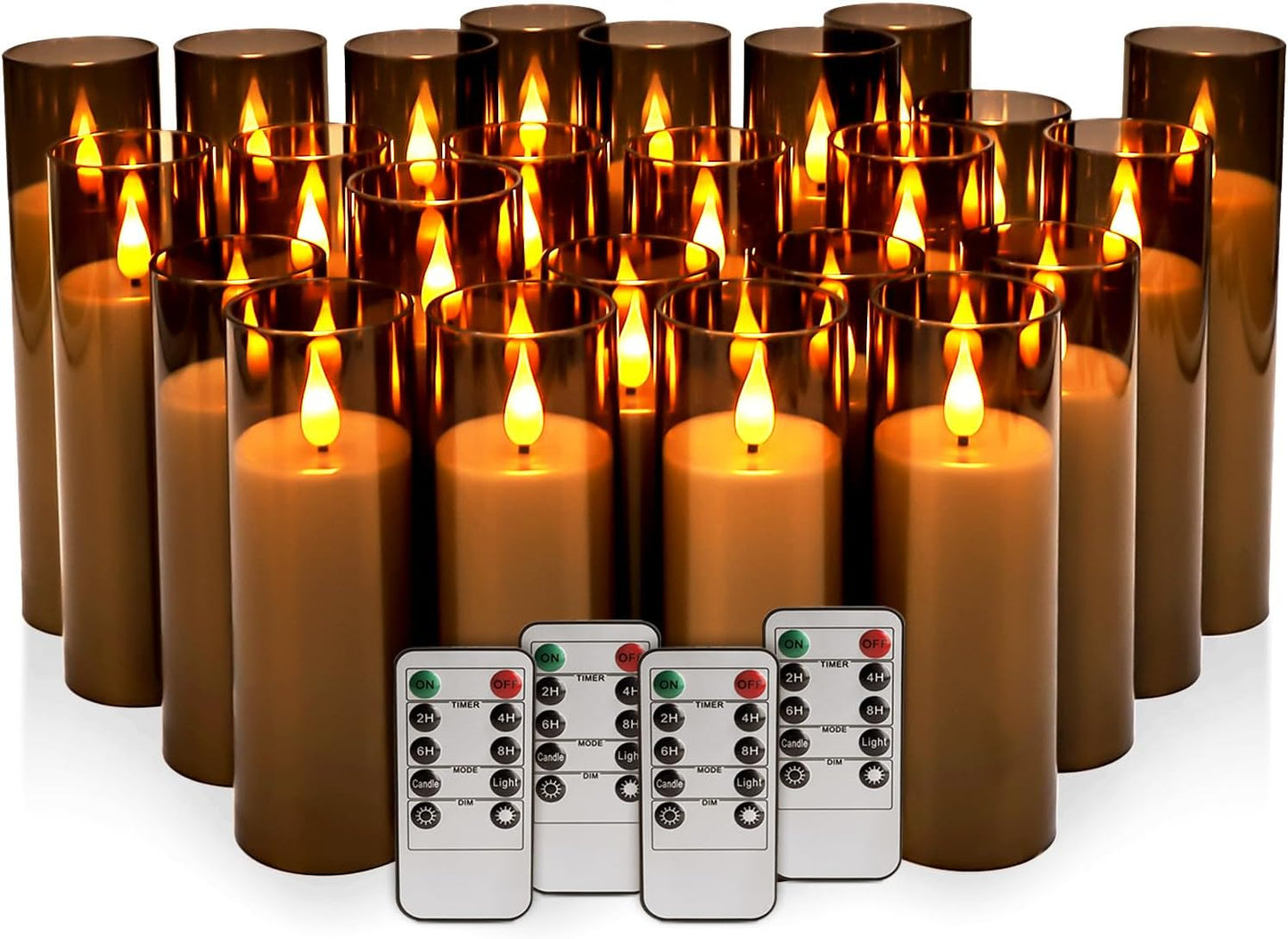 24 Pcs LED Flameless Candles with Remote, 3D Flickering Flame & LED String Lights, Acrylic Clear Cylinder, Timer Function, Romantic Ambience for Home Decor, Party, Wedding (Ivory).