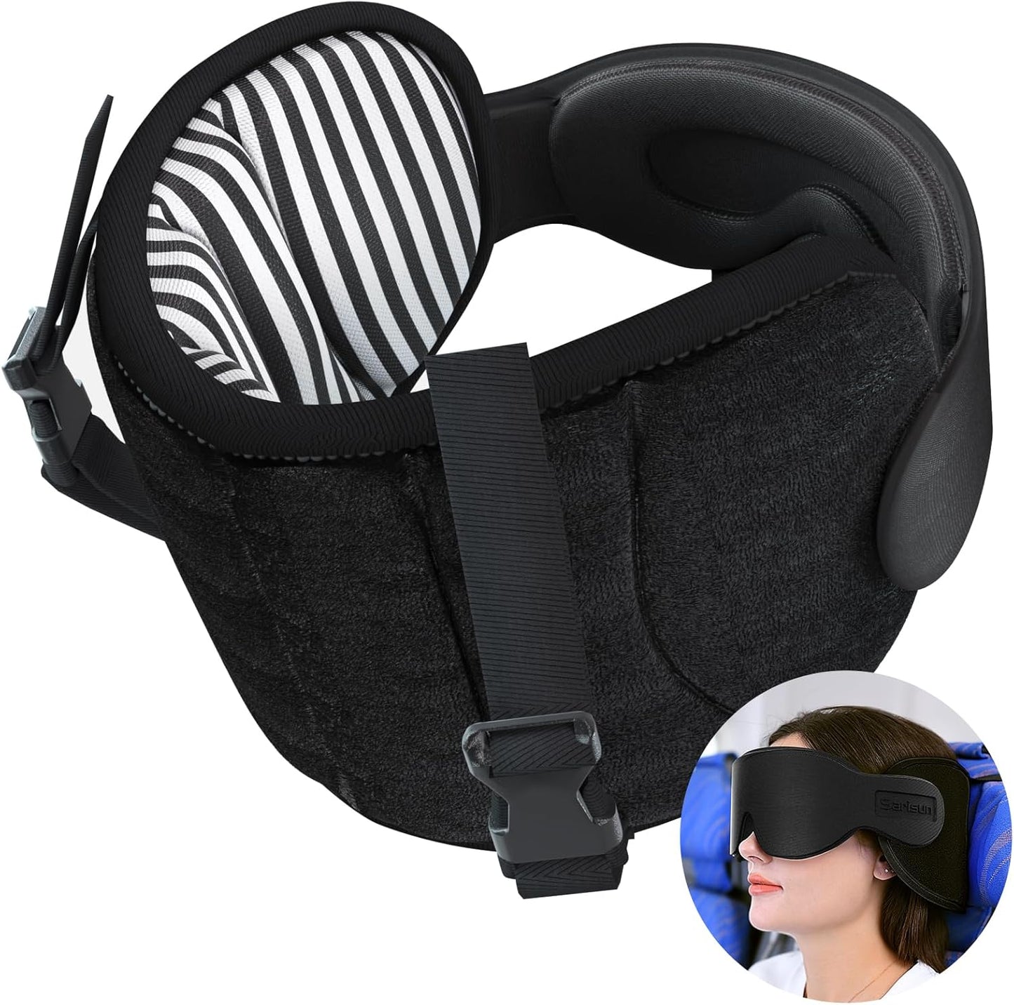 SARISUN Travel Pillows for Airplanes, 360° Stable Support Airplane Pillow with 3D Eye Mask, Headrest Pillow for Long Flight Road Trip Sleep, Stop Bobblehead Travel Essential, Black