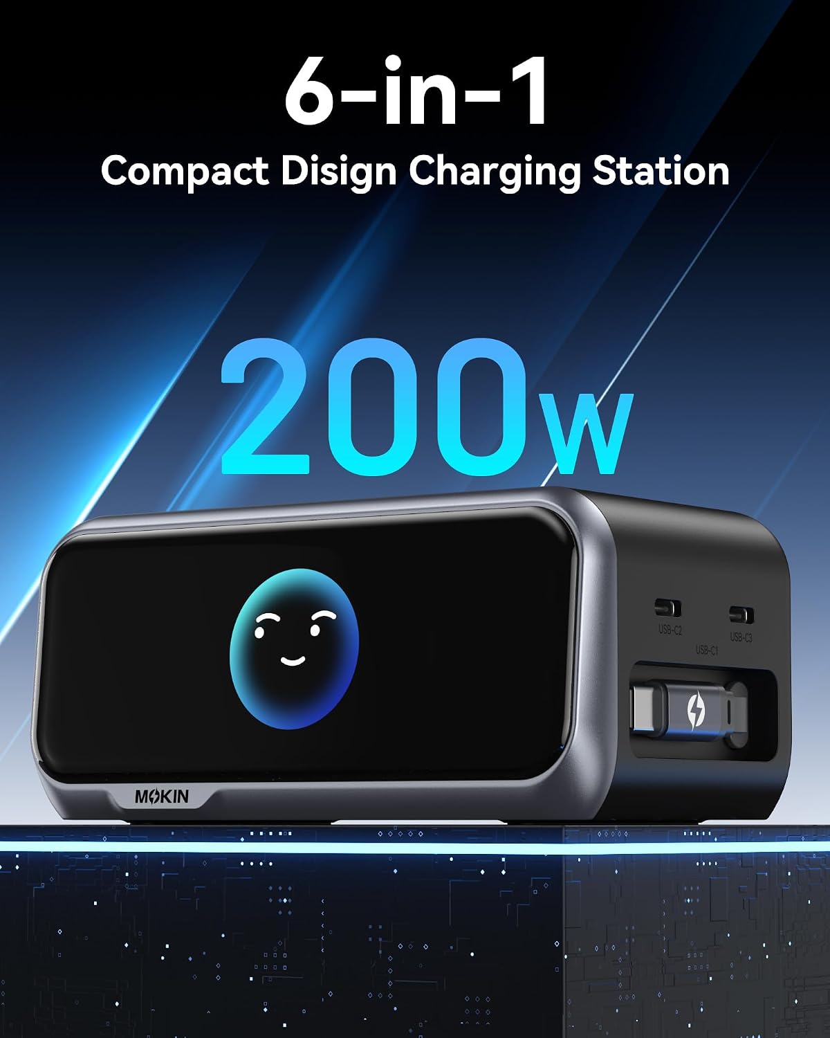 MOKiN 200W Charging Station with Retractable Cord, 6-Port Desktop Charger